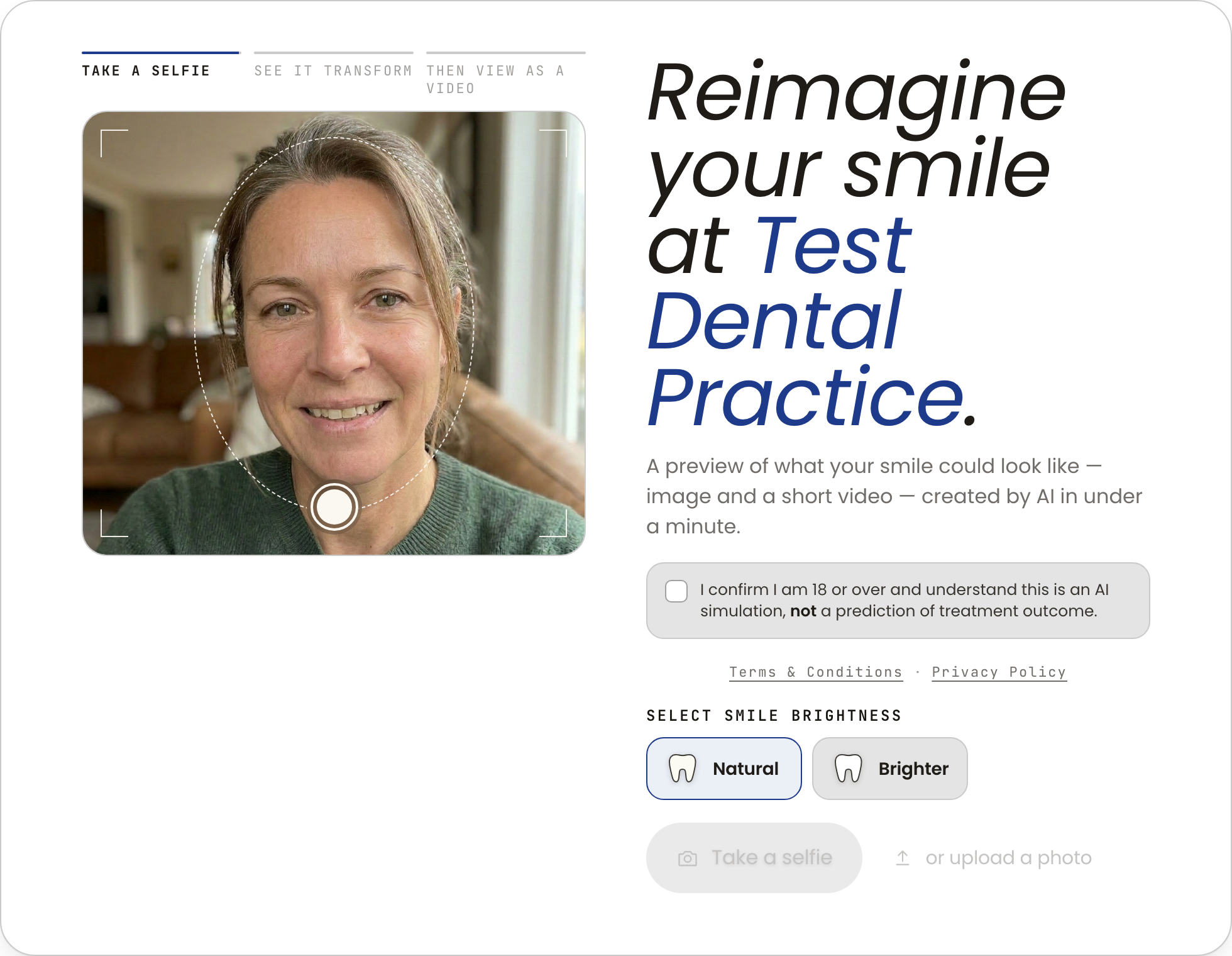 The Dentalreel smile simulator running on a dental practice website — the patient takes a selfie and sees their new smile.